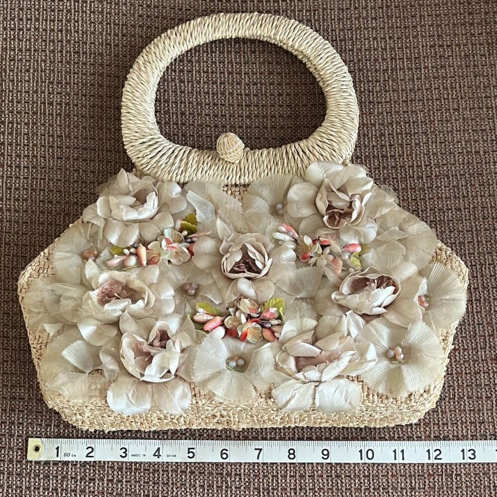 Vintage Flower Embellished Lined Straw Handbag Purse - Picture 9 of 11
